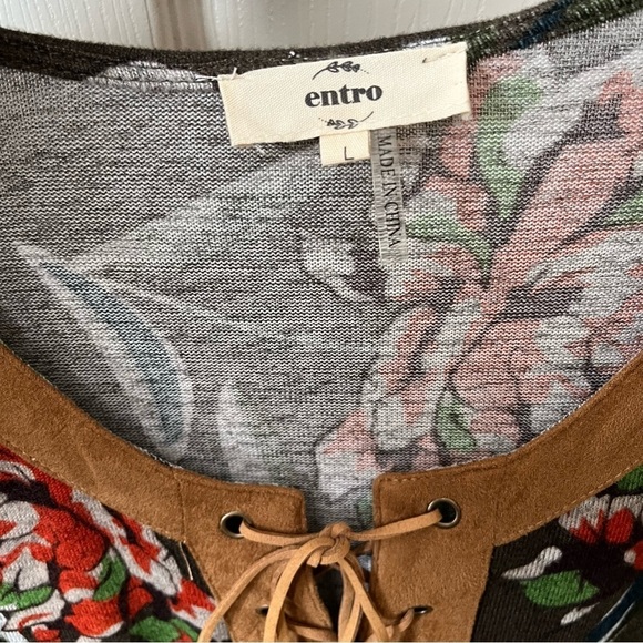 Entro Dress Women's Size L Brown Floral Lace Up Elbow Patches Long Sleeve Boho - Picture 6 of 9